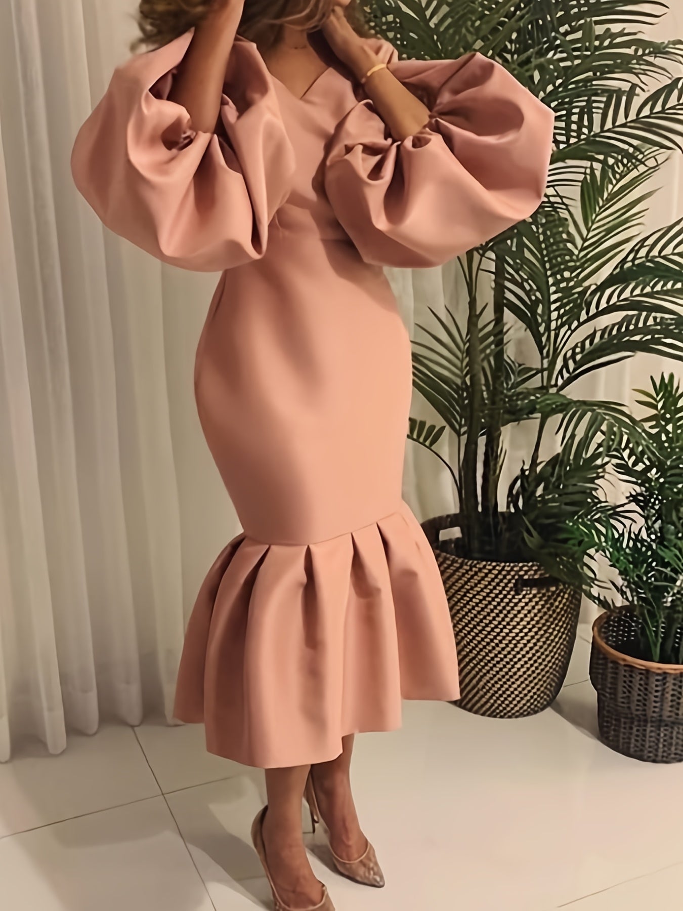 Cowl Neck Balloon Sleeve Mermaid Dress
