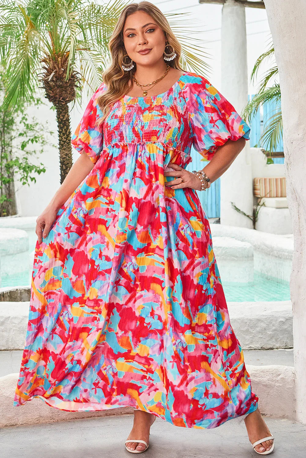 Rose Abstract Printed Puff Sleeve Square Neck Smocked Bust Tied Back Plus Size Dress Dear-Lover Dropshipping Plus Size/Plus Size Dresses/Plus Size Maxi Dresses