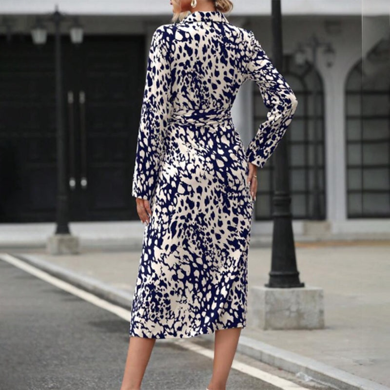 Abstract Print Collared V-Neck Belted Midi Dress