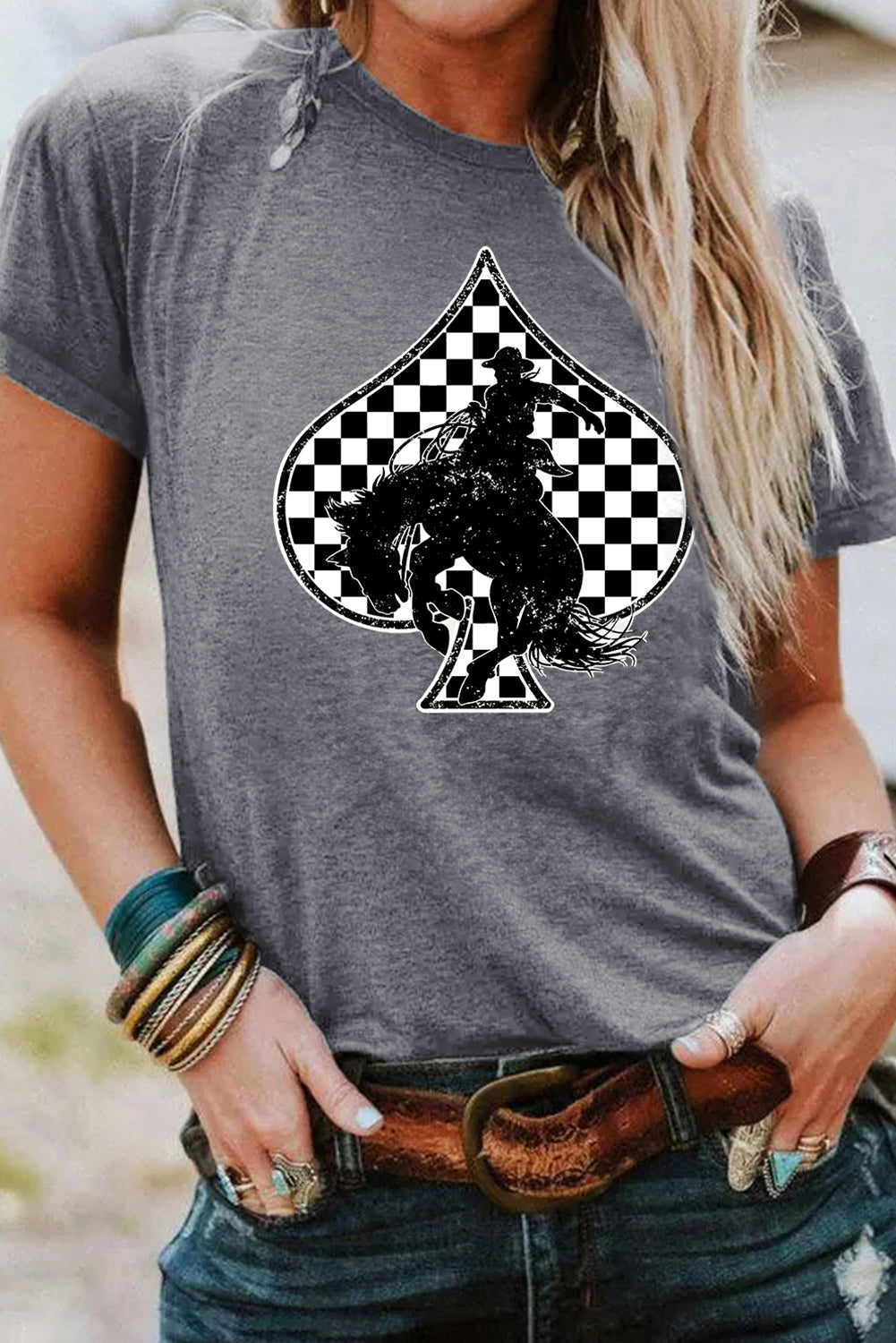 Gray Rodeo Check Spades Western Graphic T Shirt Gray 62%Polyester+32%Cotton+6%Elastane Dear-Lover Dropshipping Graphic/Graphic Tees