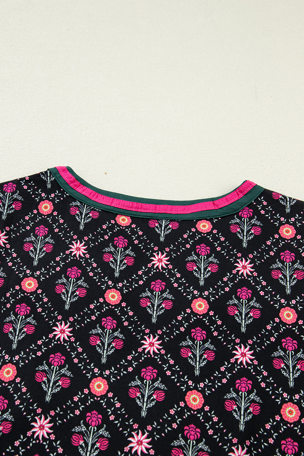 Black Contrast V Neck Bracelet Sleeve Floral Blouse