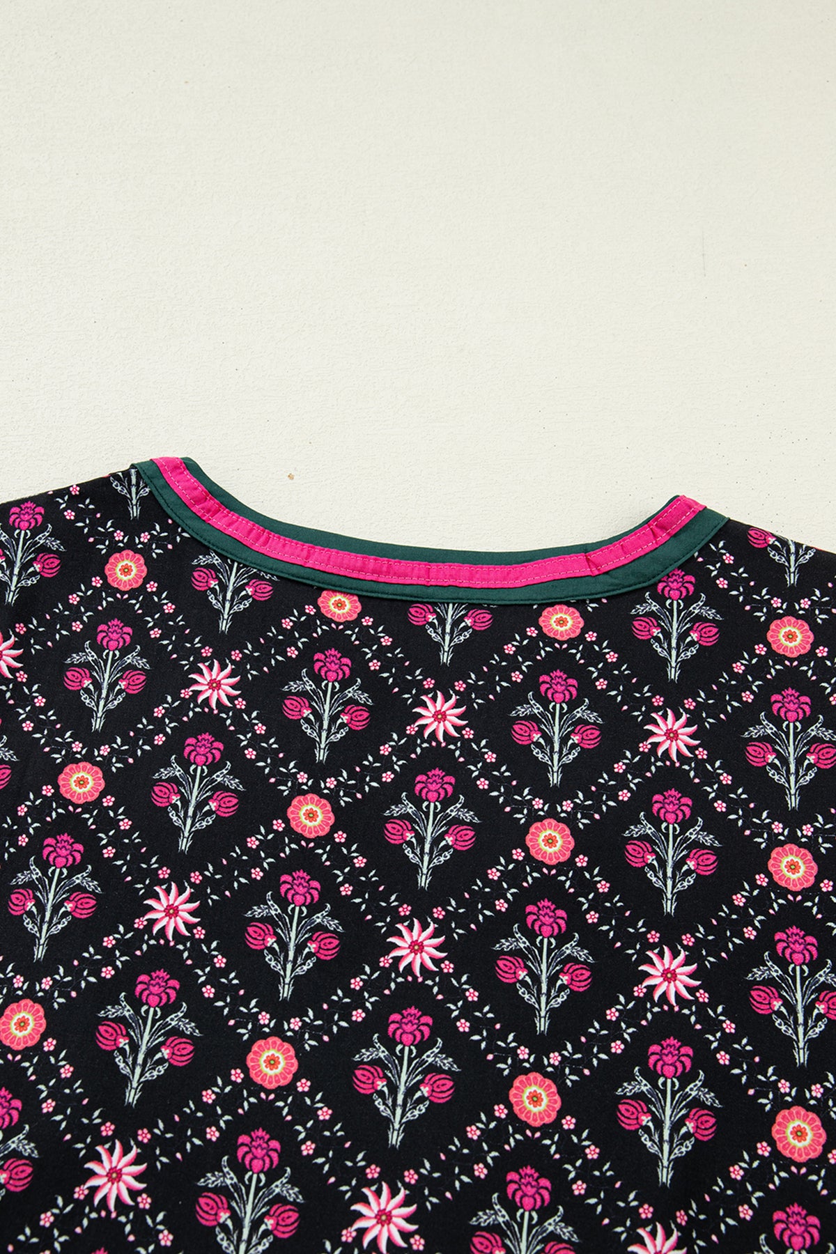 Black Contrast V Neck Bracelet Sleeve Floral Blouse