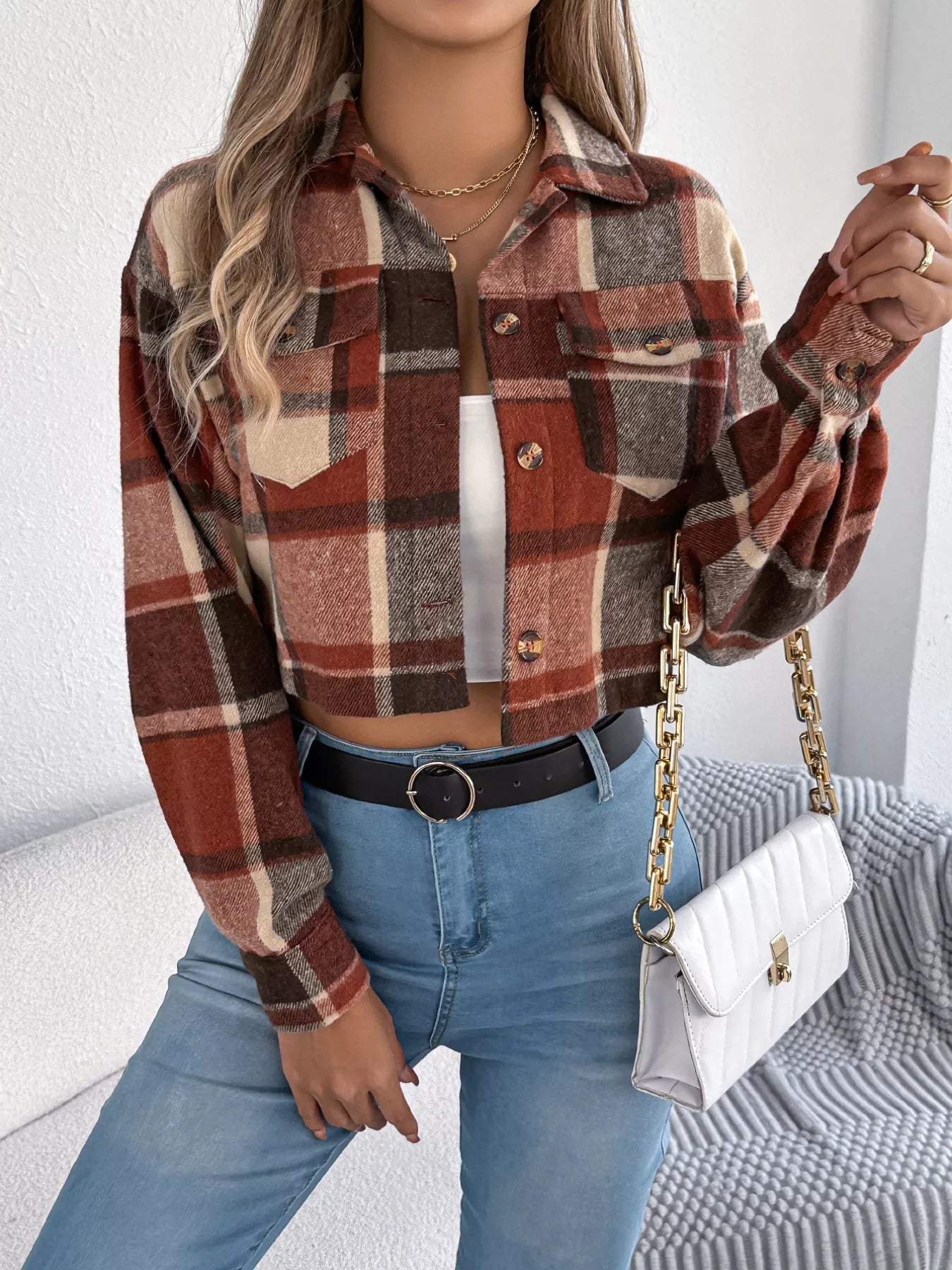 Plaid Button Up Cropped Jacket Trendsi Plaid Button Up Cropped Jacket