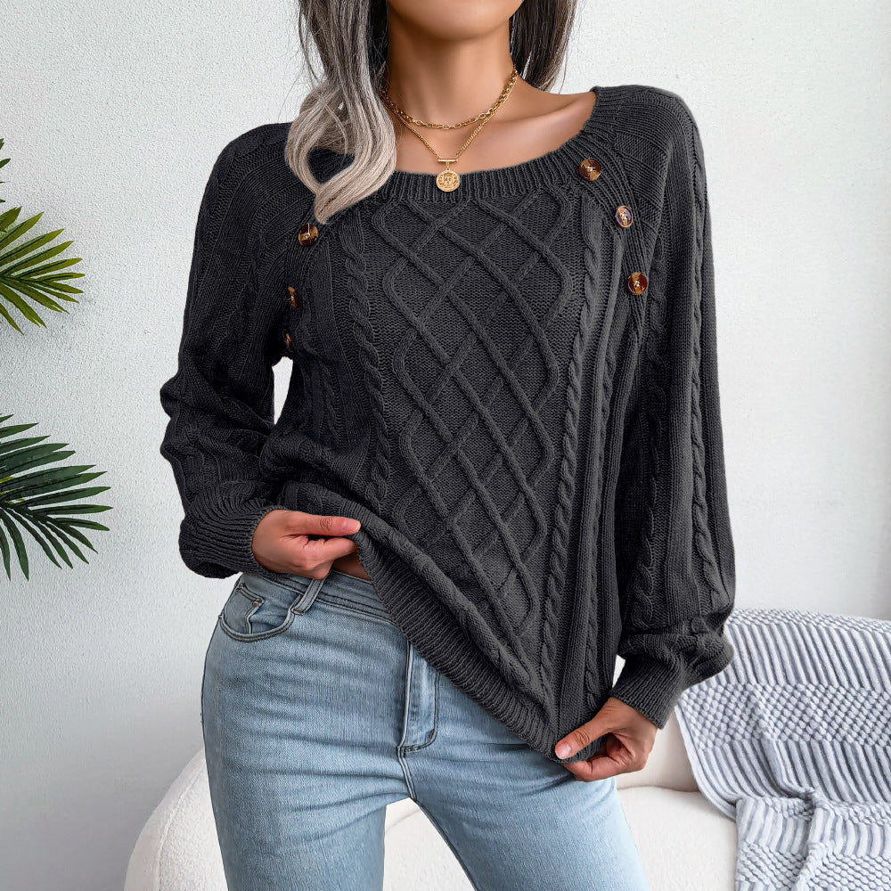 Boat Neck Button Embellished Twist Knit Sweater