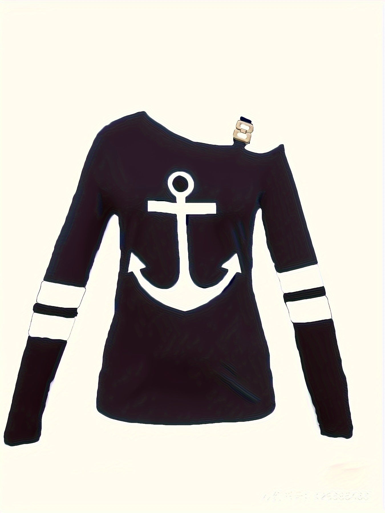 Anchor Print Off Shoulder Chain Detail Long Sleeve T-Shirt