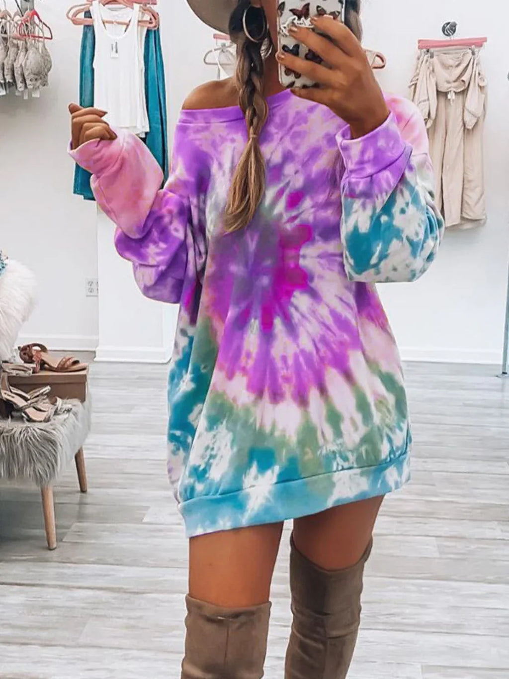 Tie-Dye Oversized Sweatshirt Heliotrope Purple Bazaare Mart Tie-Dye Round Neck Long Sleeve Sweatshirt