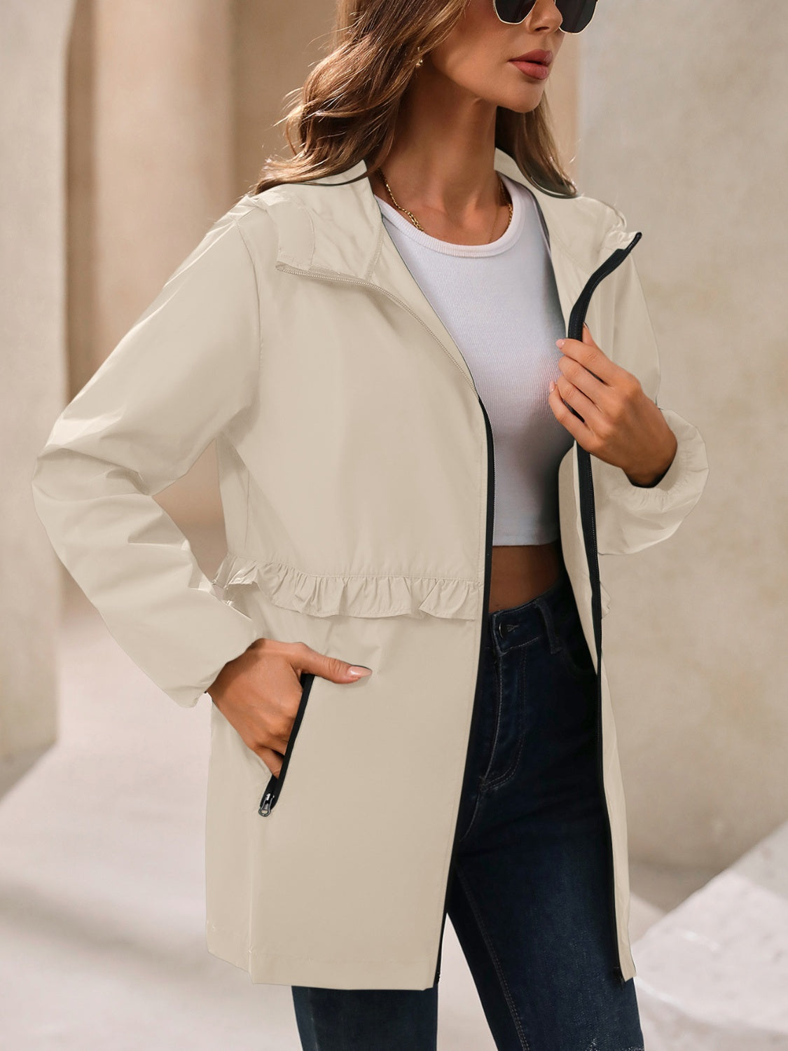Waterproof Gathered Waist Hooded Jacket