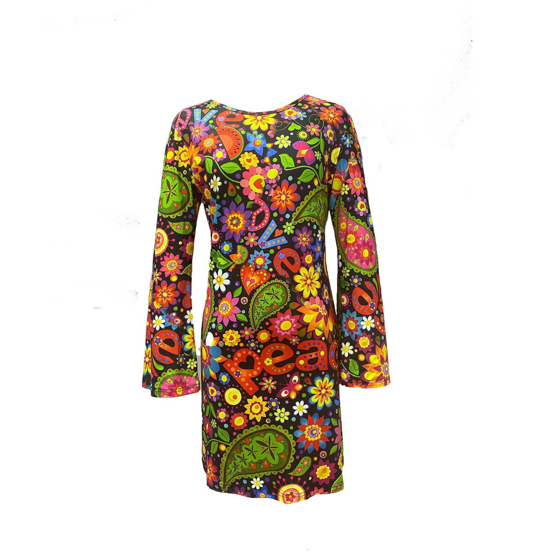 Retro Hippie Bell Sleeve Mini Dress – Boho Geometric Print High Waist Dress Vintage Skirt 13 CJ Dropshipping Retro Hippie Dress