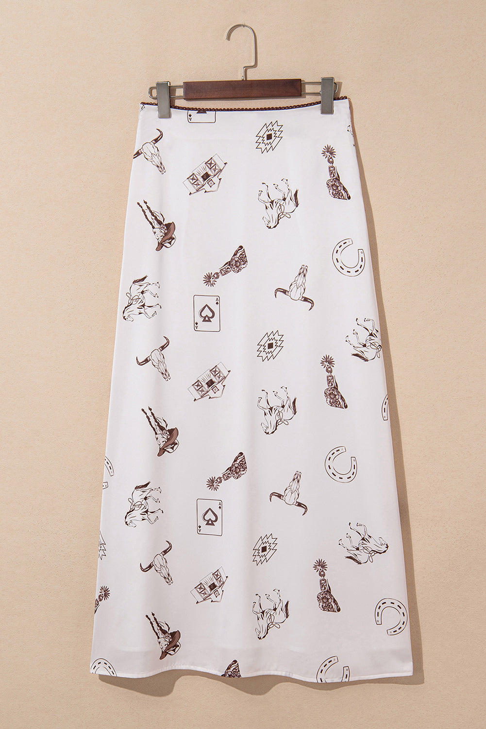 Beige Vintage Print Satin Maxi Skirt Shewin Skirts