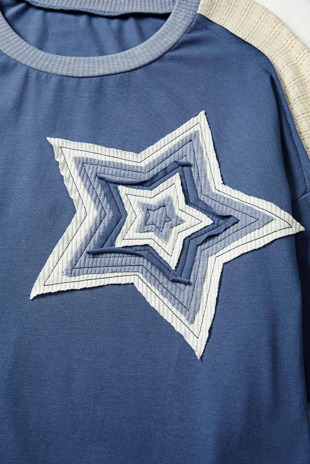 Blue Knit Colorblock Patchwork Stars and Stripes Long Sleeve Top