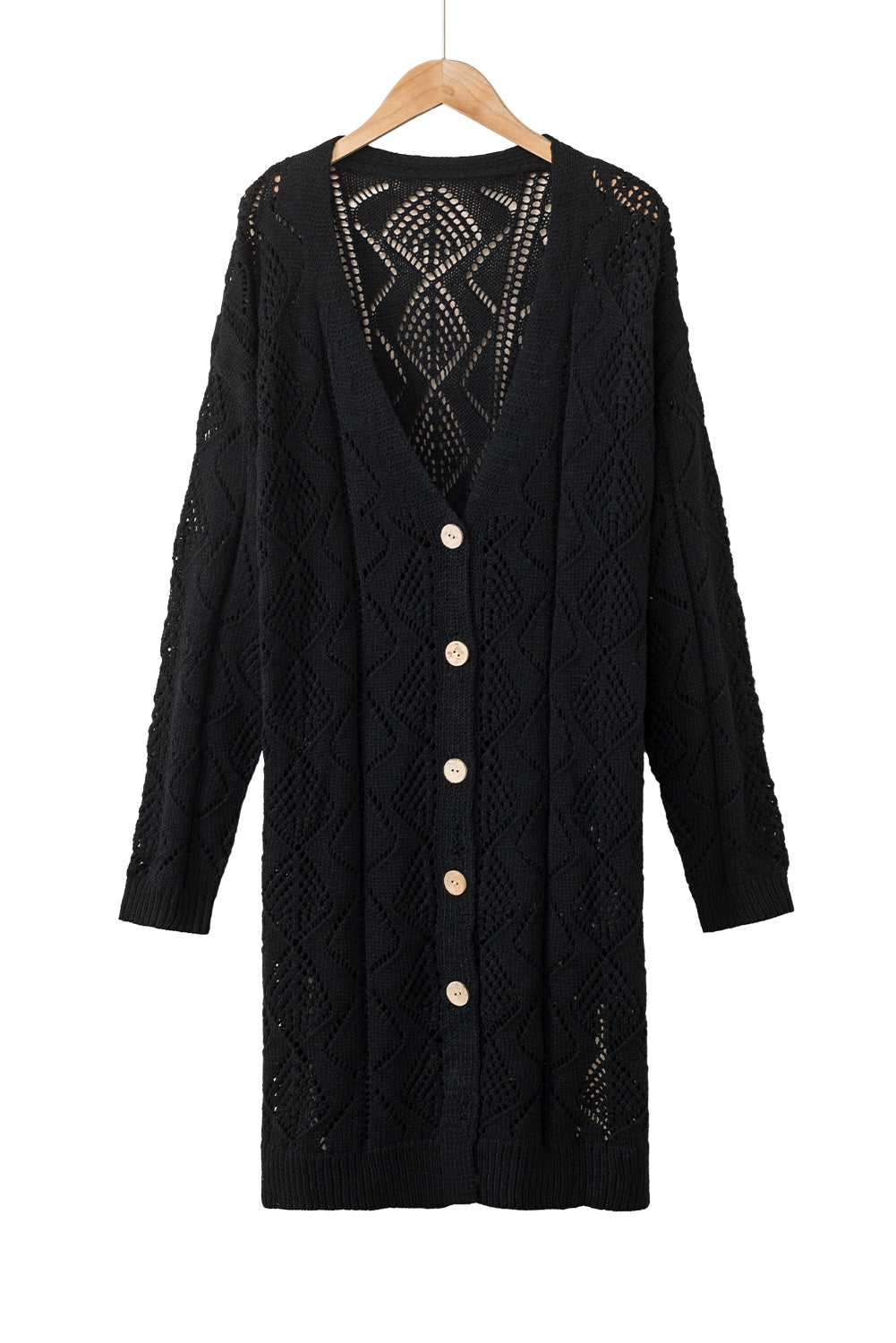 Khaki Openwork Knit Long Cardigan