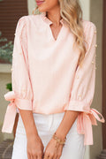 Peach Pin Striped Pearl Beaded Knot Cuffs Blouse Pink Stripe 59%Polyester+41%Cotton Shewin 20% OFF