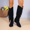 Winter Fringe Chunky Heel Slip On Suede Retro Pointed Western Cowboy Boots Black Bazaare Mart Boots
