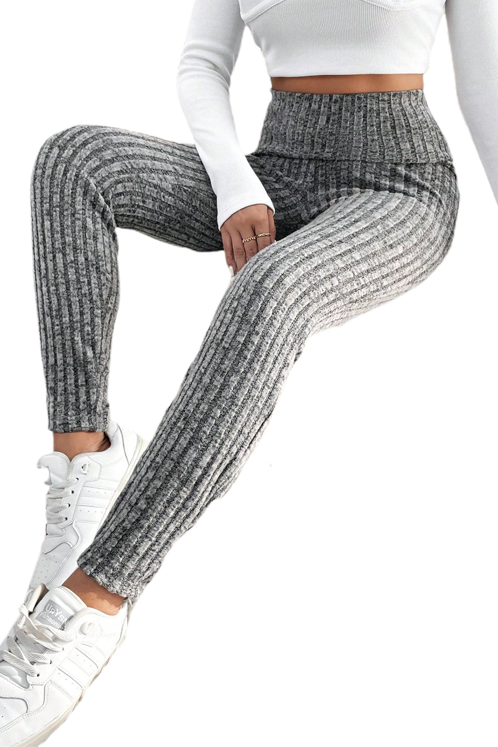 Gray Wide Waistband Ribbed Knit Leggings