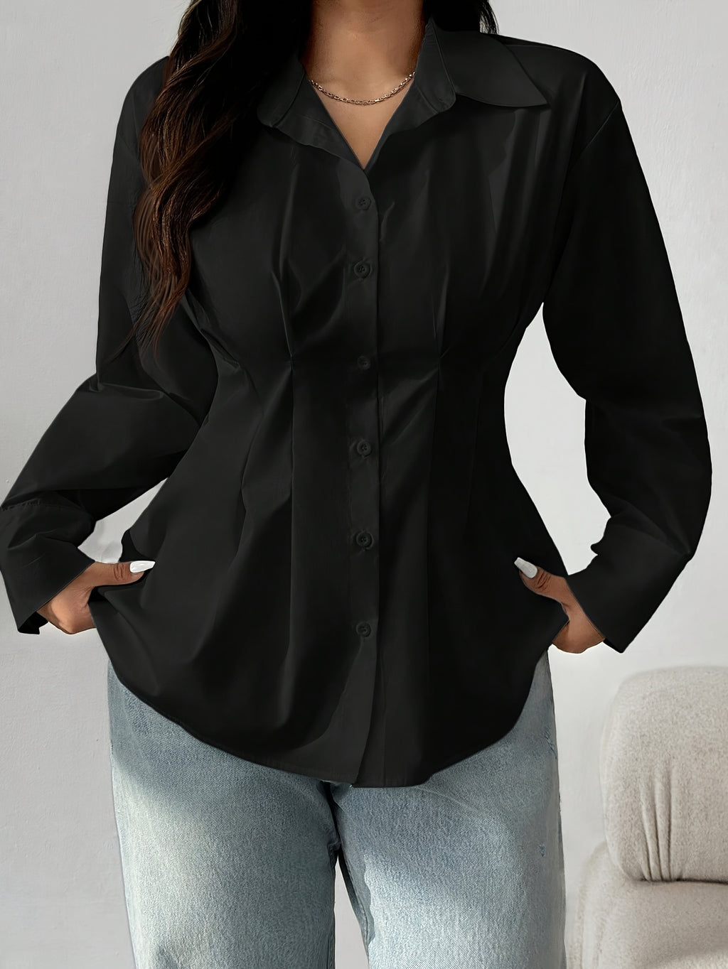 Women's Long Sleeve Button Up Cinched Waist Blouse