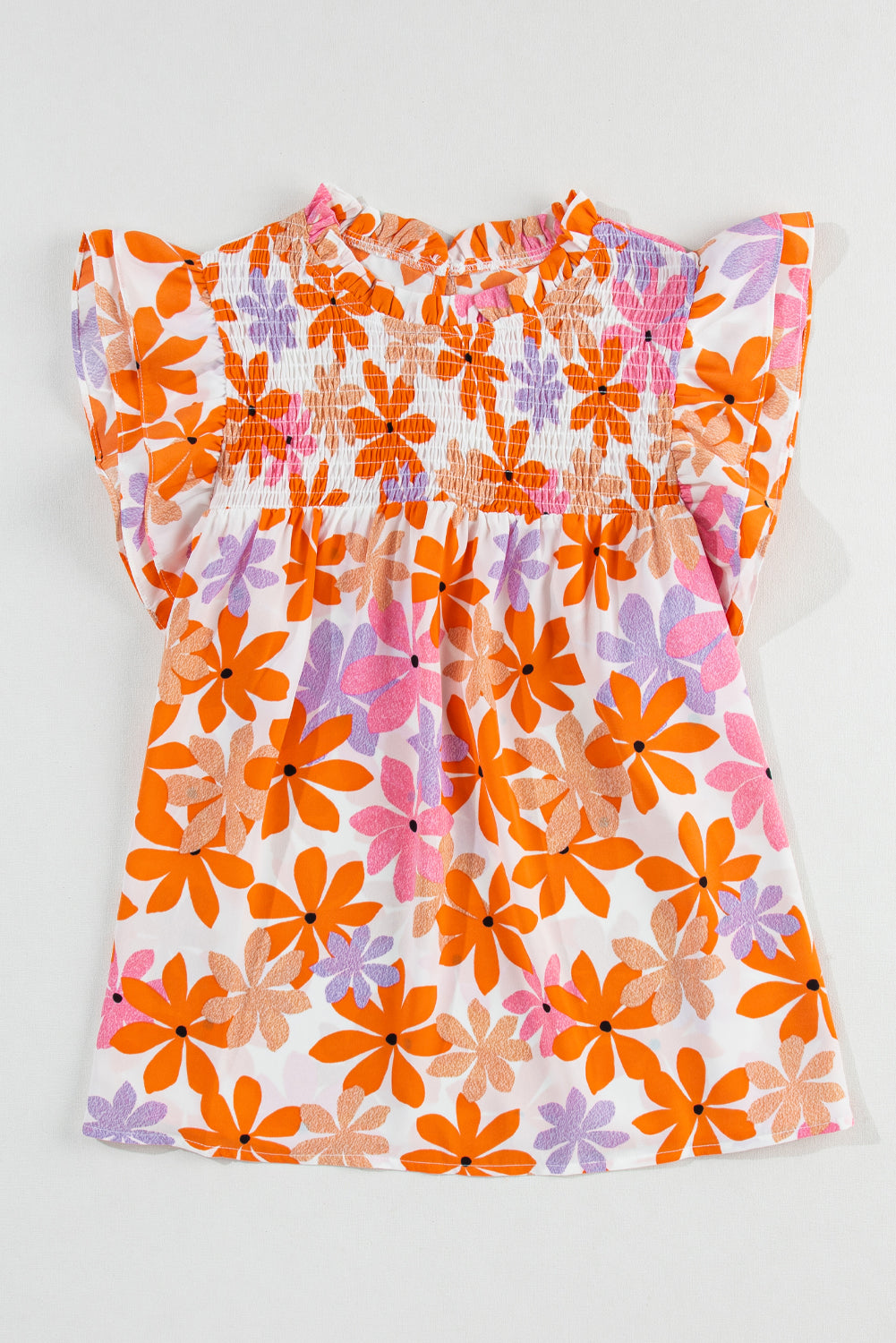 Orange Ruffled Sleeve Smocked Floral Top