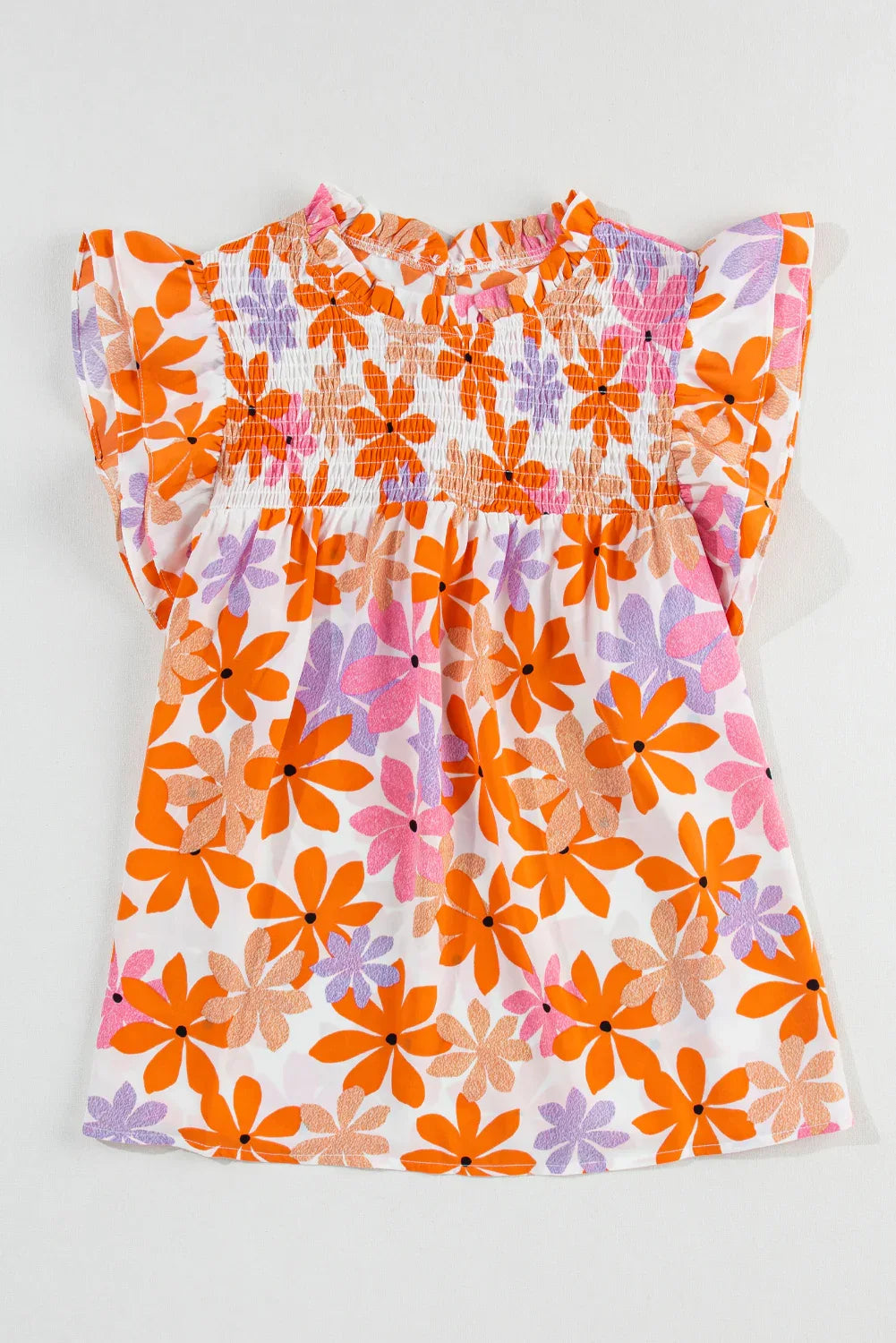 Orange Ruffled Sleeve Smocked Floral Top Bazaare Mart Tops
