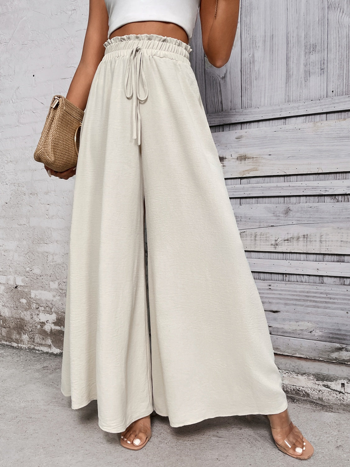 Beige Tied High Waist Extra Wide Leg Pants