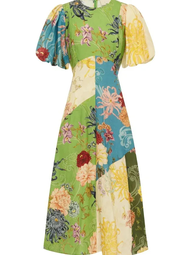 Green & Yellow Patchwork Puff Sleeve Midi Dress Bazaare Mart Floral Patch Midi Dress