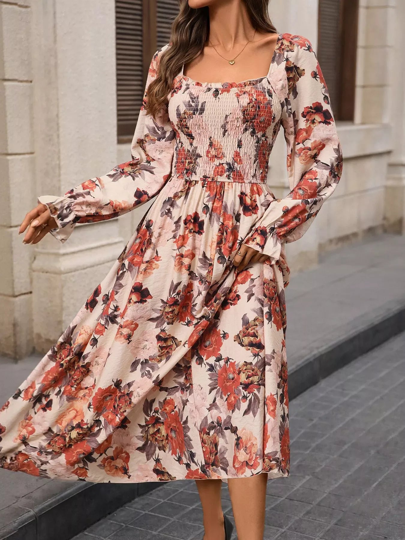 Smocked Floral Print Flounce Sleeve Dress Trendsi Floral Midi Dress