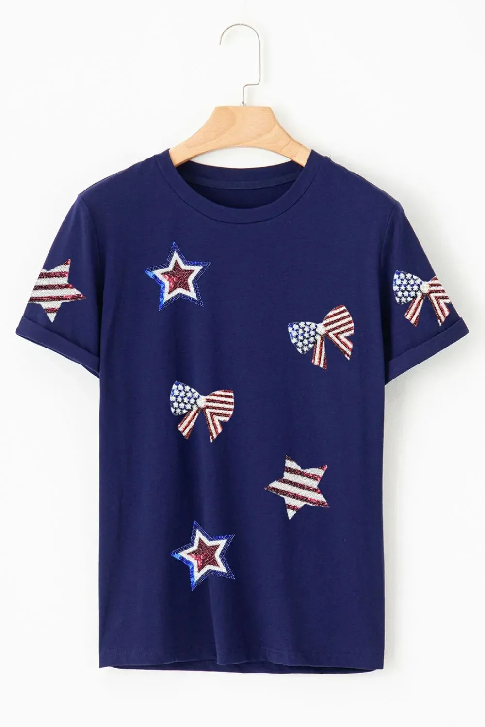 Sequin Star Round Neck Short Sleeve T-Shirt Bazaare Mart Sequin Star Round Neck Short Sleeve T-Shirt