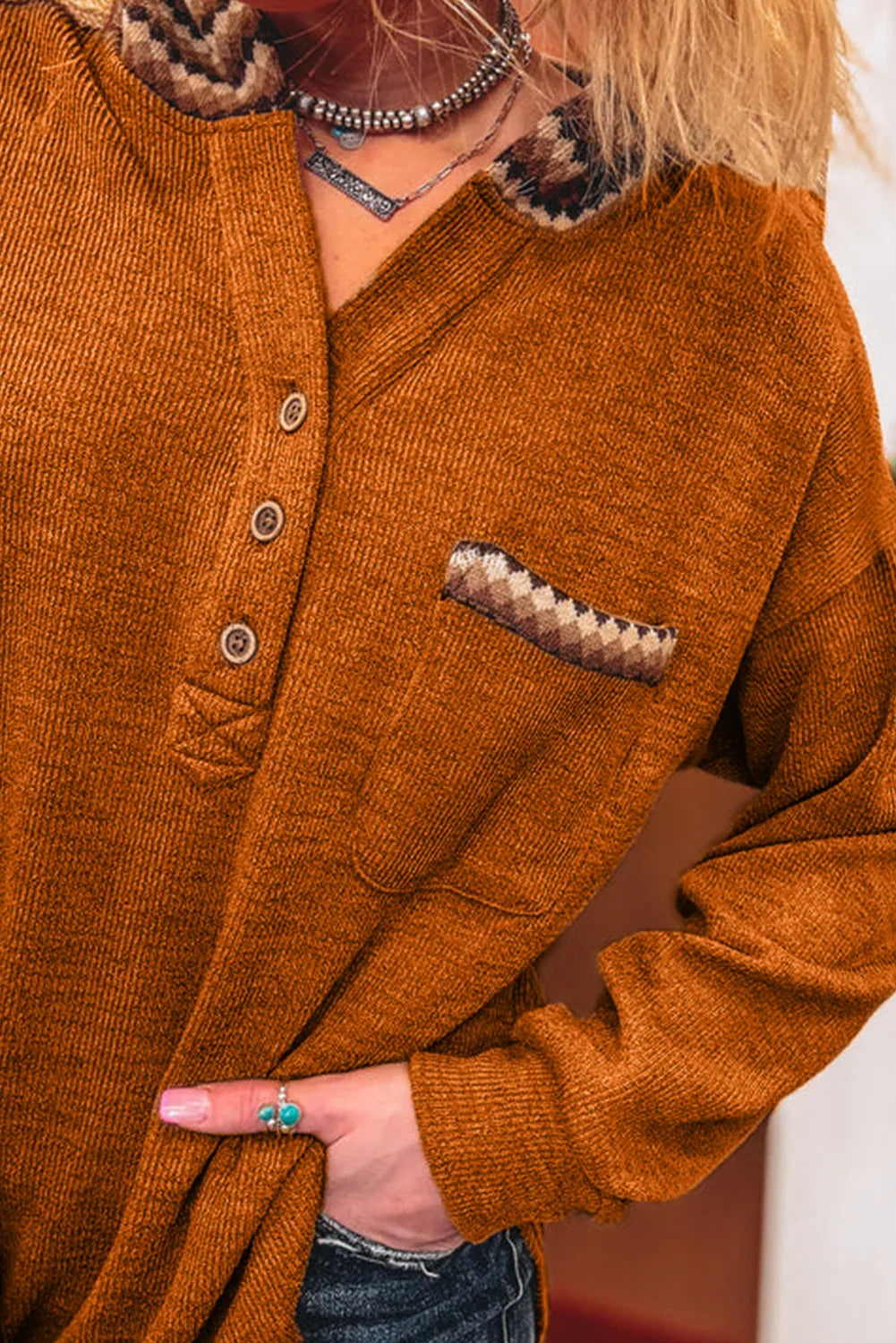 Colorblock Plaid Hooded Henley Shewin Sweatshirts & Hoodies