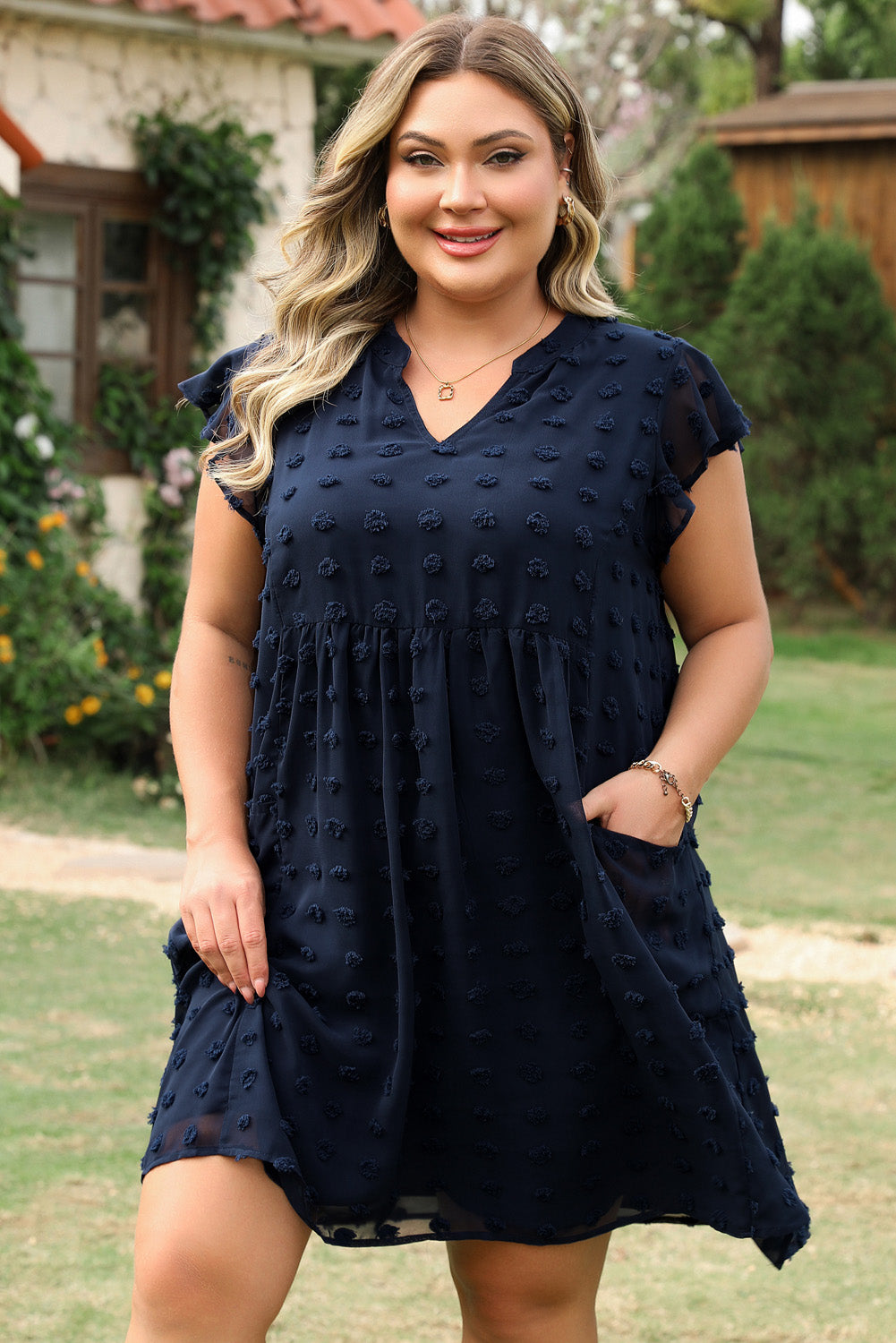 Navy Blue Dotty Textured Cap Sleeve Dress