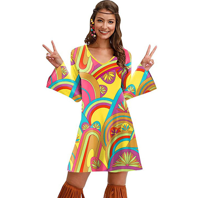 Retro ’70s Hippie Print A-Line Mini Dress Color 01 CJ Dropshipping Long Sleeve Hippie Dress