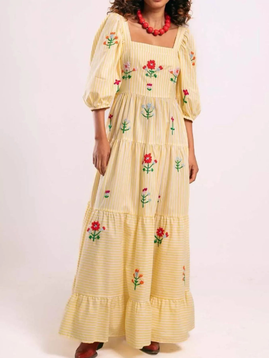 Square Neck Tiered Maxi Dress Bazaare Mart Embroidered Gingham Maxi Dress
