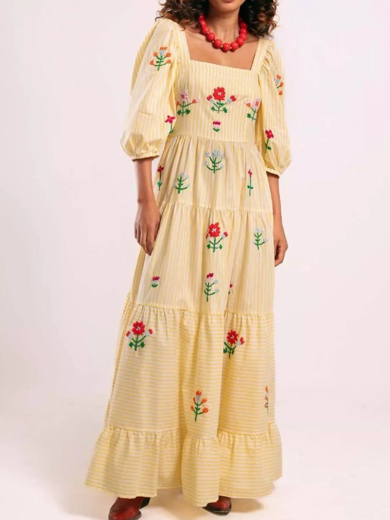 Square Neck Tiered Maxi Dress Bazaare Mart Embroidered Gingham Maxi Dress