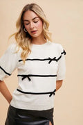 Annie Wear Striped Bow Round Neck Knit Top White Bazaare Mart Striped Bow Round Neck Knit Top