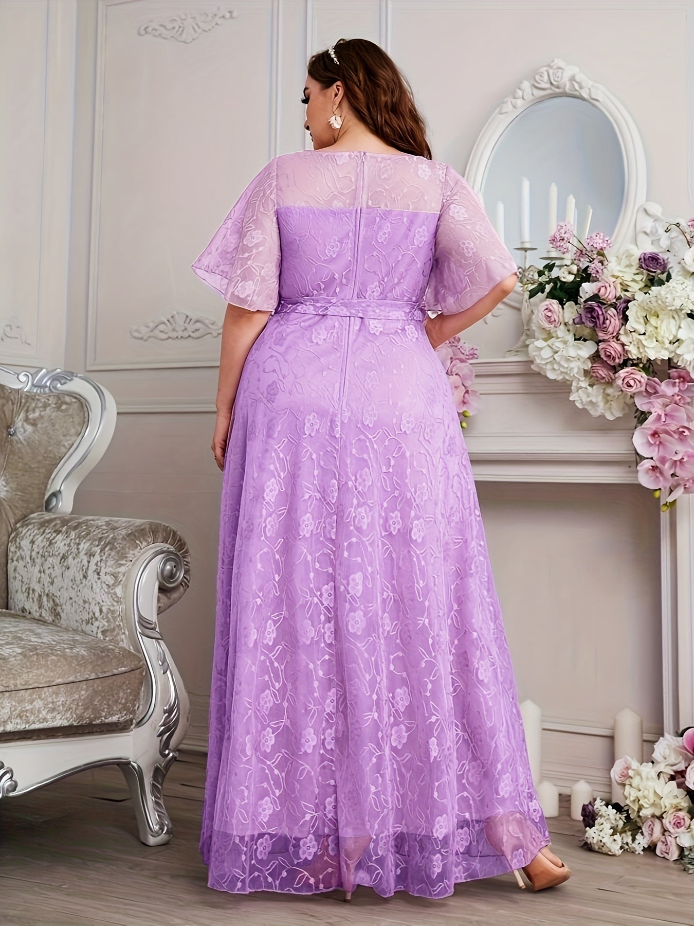 Elegant High Waist Lace Round Neck Half Flutter Sleeve Solid Color Formal Floor Length Dress