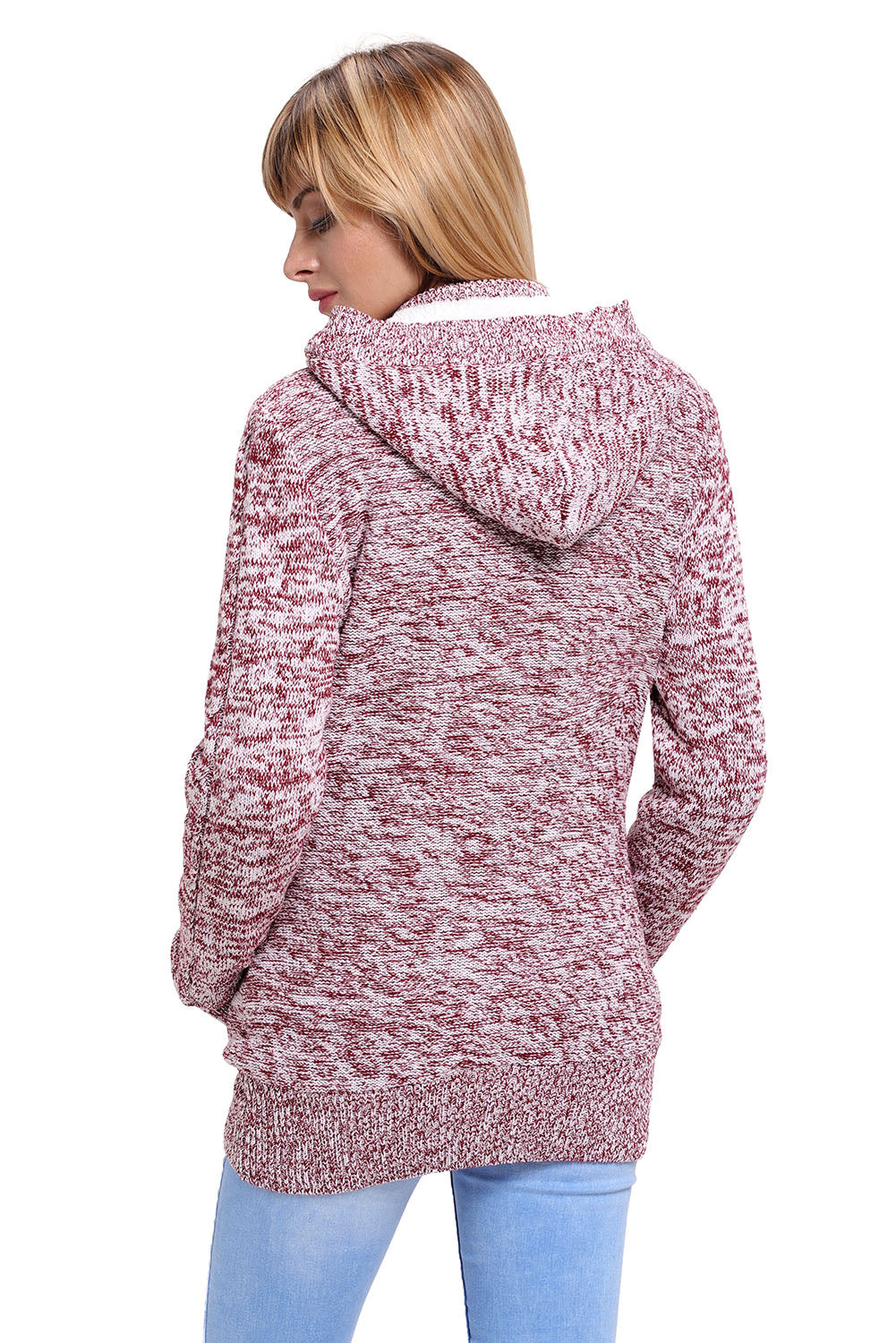 Red Fur Lined Button-Up Hooded Cardigan