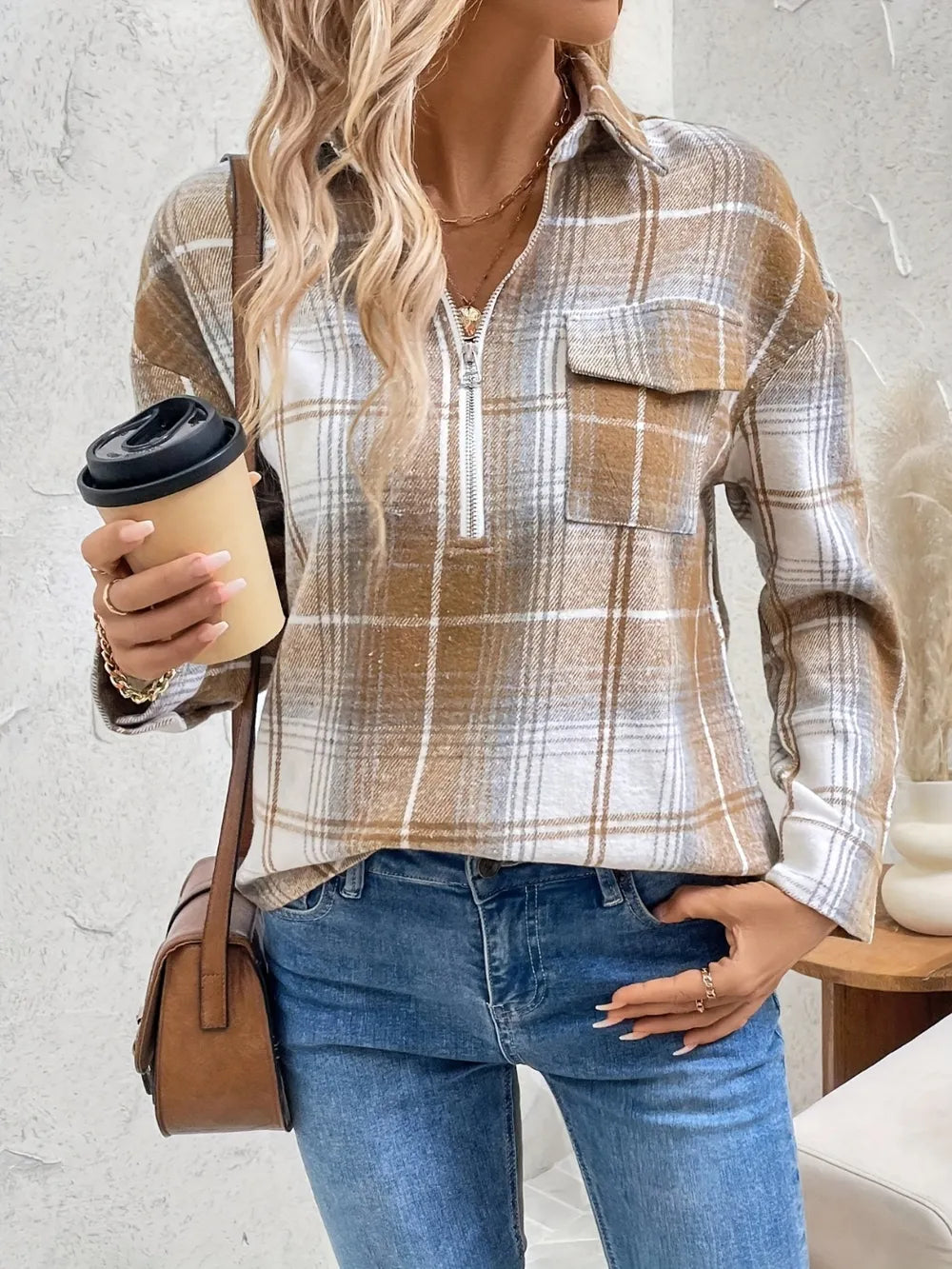 Plaid Collared Neck Half Zip Long Sleeve Top Trendsi Plaid Shirt