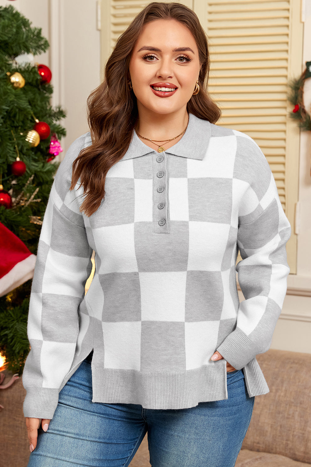 Gray Plus Size Checkered Pattern Button Polo Collar Split Sweater Bazaare Mart Plus Size/Plus Size Sweaters & Cardigans