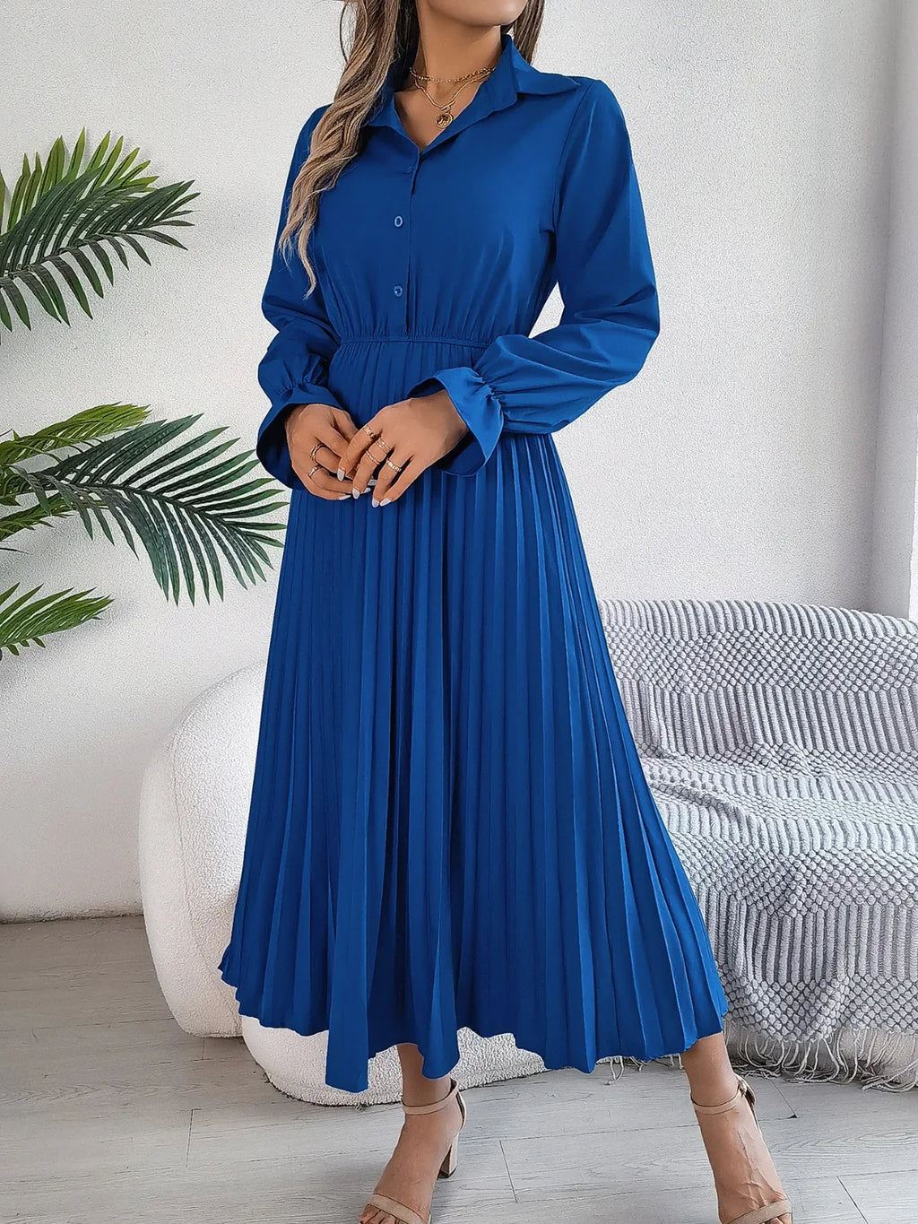 Pleated Half Button Long Sleeve Midi Dress Bazaare Mart Pleated Half Button Long Sleeve Midi Dress