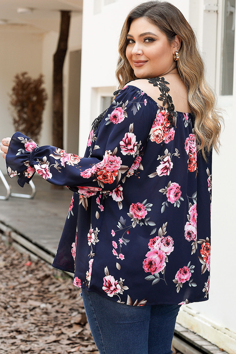 Navy Cold Shoulder Long Sleeve Floral Blouse