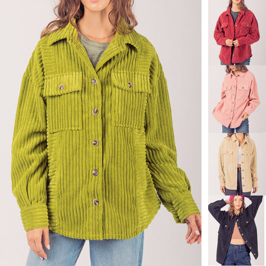 Women's Fashion Big Corduroy Large Pocket Shirt Coat in Green, Red, Pink, Apricot, or Black