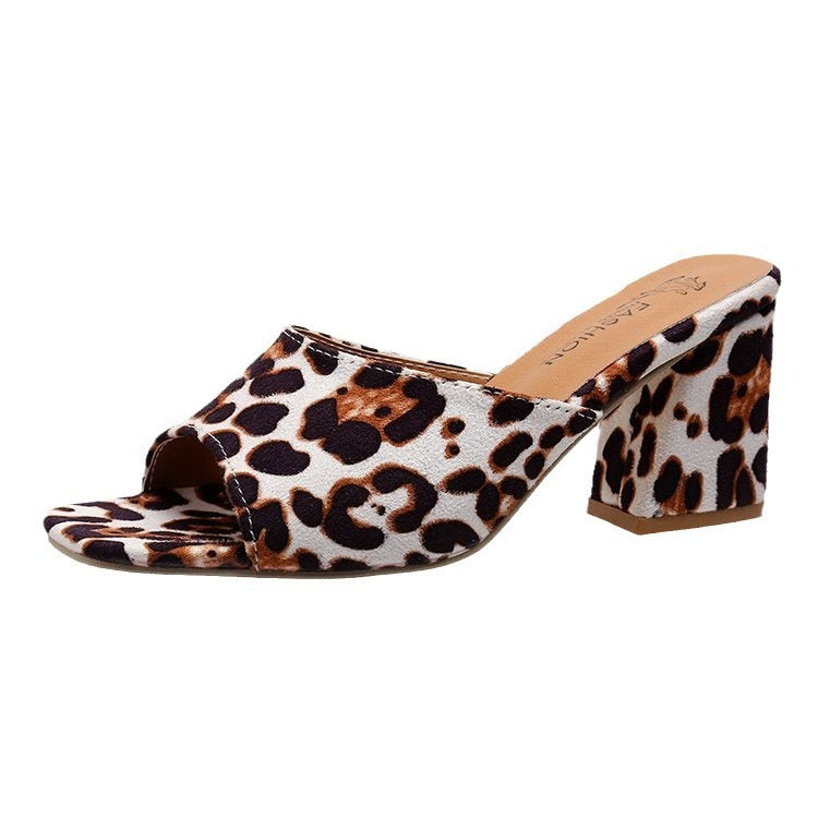 Leopard Square Toe Chunky Heel Sandals
