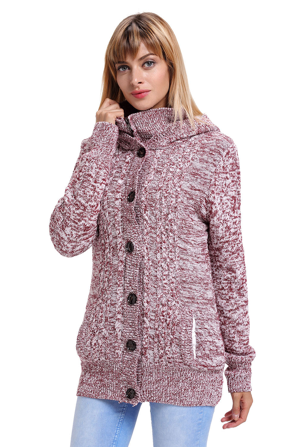 Red Fur Lined Button-Up Hooded Cardigan