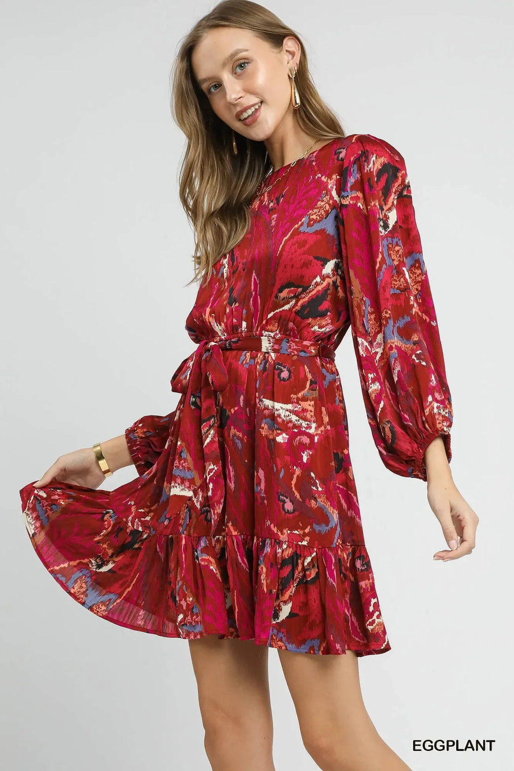 Umgee Red Ruffled Hem Printed Balloon Sleeve Dress Bazaare Mart Red Ruffled Mini Dress