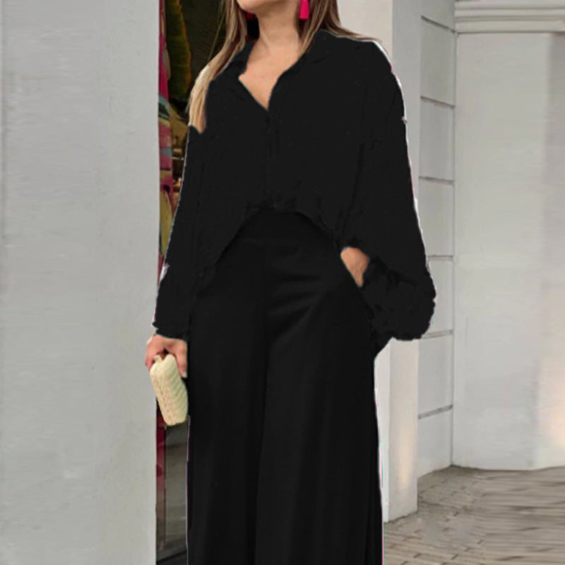 Women's Printed Shirt Wide Leg Pants Fashion Casual Set Black CJ Dropshipping 2 pc. Pants Outfit