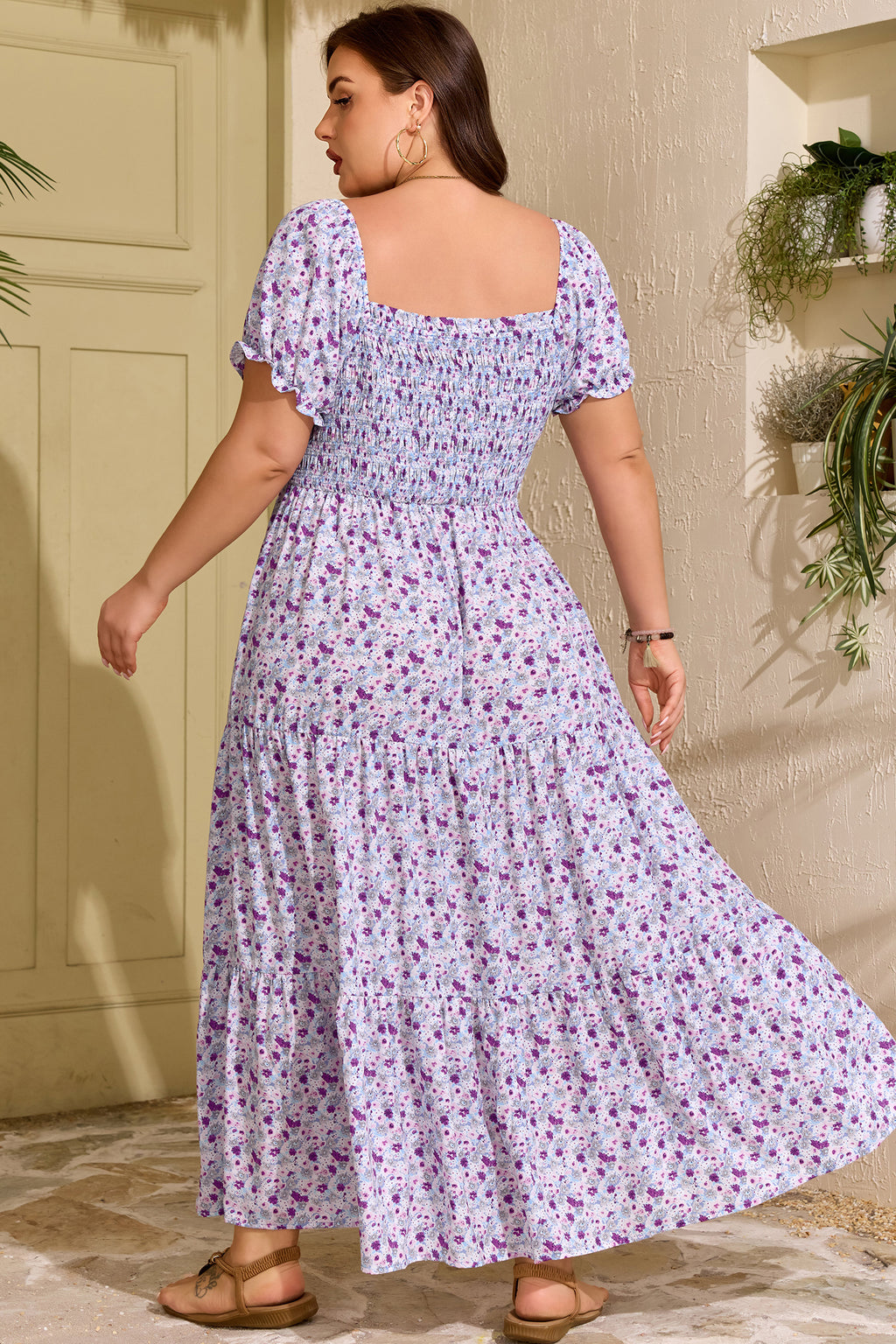 Plus Size Purple Floral Smocked Maxi Dress – Square Neck Puff Sleeve Dress Dear-Lover Dropshipping Plus Size/Plus Size Dresses/Plus Size Maxi Dresses