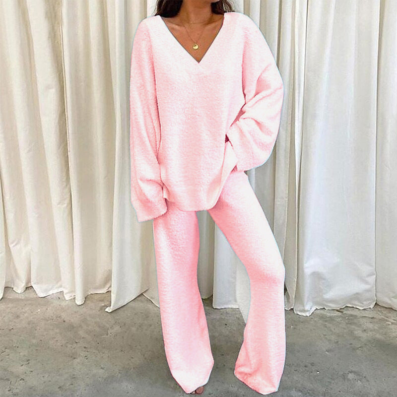 Pink Comfortable Solid Color V-Neck Two-Piece Fleece Set