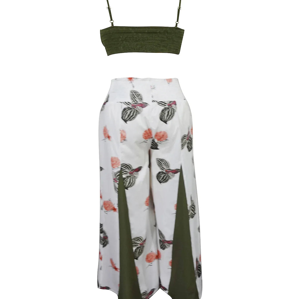 Solid Color Sexy Bralette Top Fashionable Flower Print Contrasting Pleated Pants Two-piece Pants Set Bazaare Mart Army Green Floral Pants Set