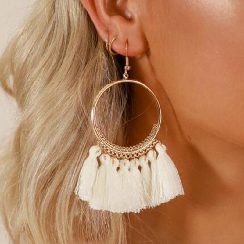 Gold and White Tassel Hoop Earrings