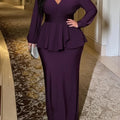 Purple V-Neck Peplum Belted Top + Maxi Skirt 2pc Set Purple Bazaare Mart Formal Wear
