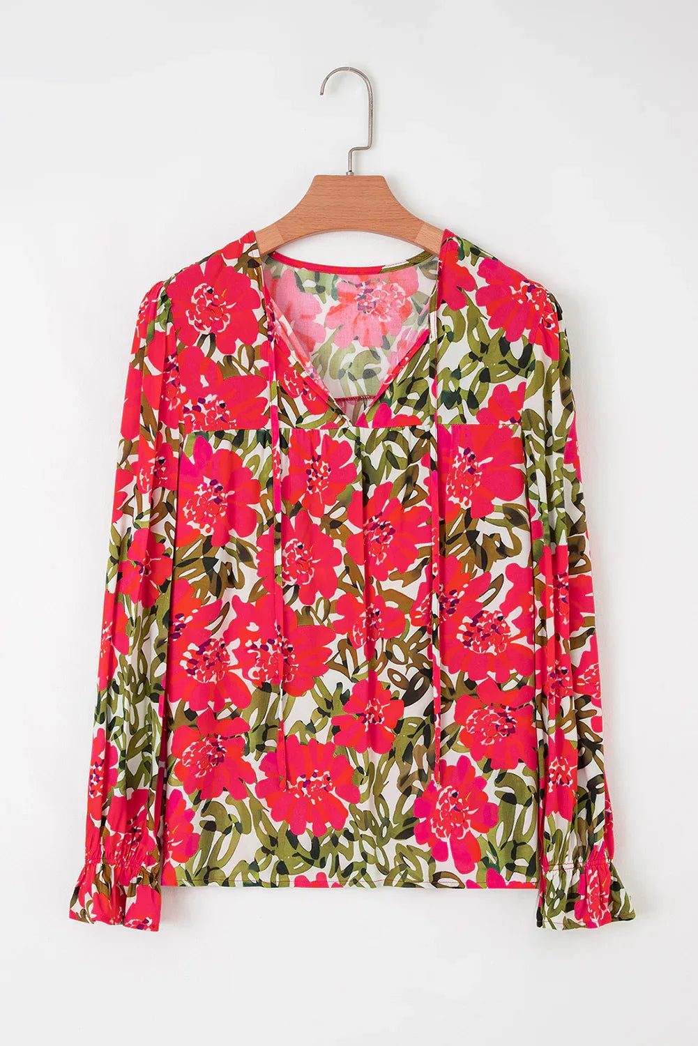 Red Floral Lace up V Neck Flounce Sleeve Blouse