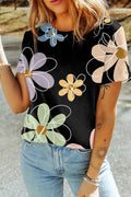 Black Flower T Shirt Black 95%Polyester+5%Elastane Bazaare Mart Tops/Tops & Tees