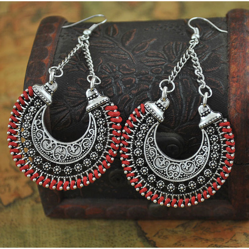 Red & Black Silver Bohemian Vintage Earrings 